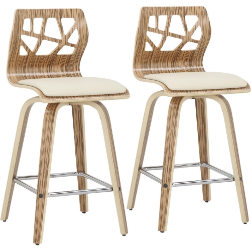 Folia Counter Stool in Zebra Wood, Chrome & Cream Leatherette (Set of 2)